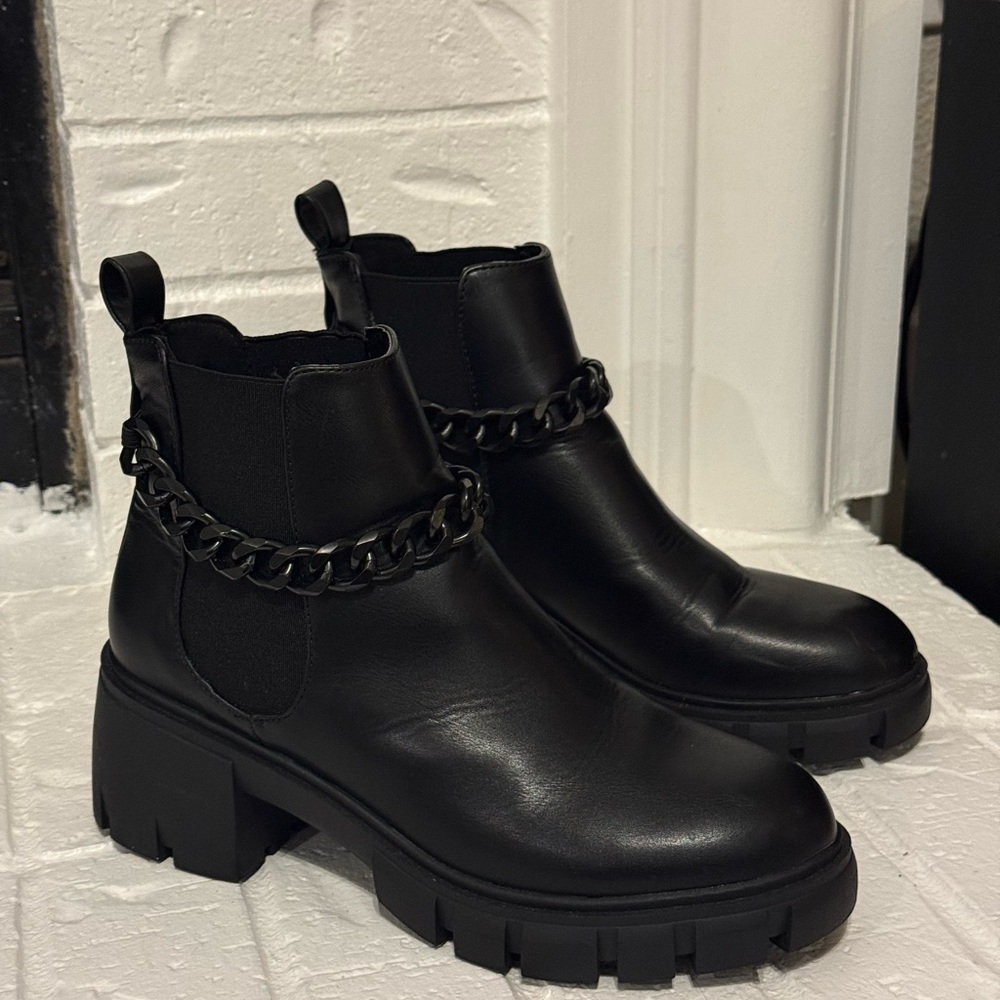 Madden Girl Women’s Honey-C Chunky Black Ankle Boots with Black Chain Detail